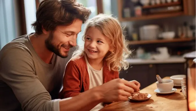 father and daughter smiling while doing a project together at a desk