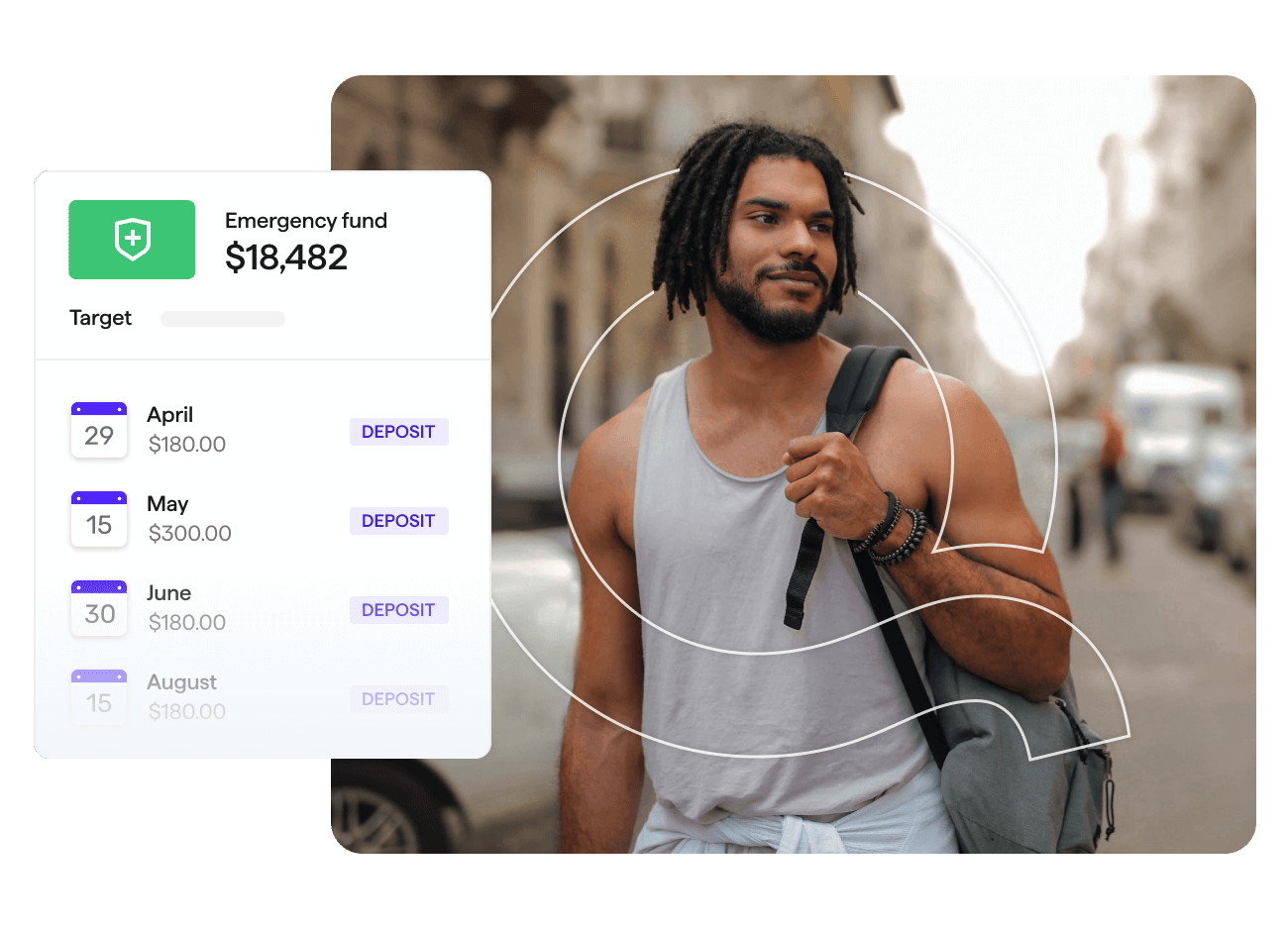 young man outside carrying backpack with overlayed outlined Quicken Q and Quicken Simplifi user interface screen for Emergency Fund savings goal