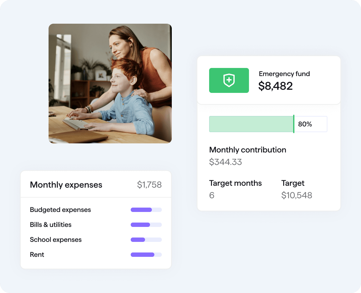 woman helping young boy use computer with Quicken user interface screens floating on the side displaying Monthly Expenses and Emergency fund savings goal features