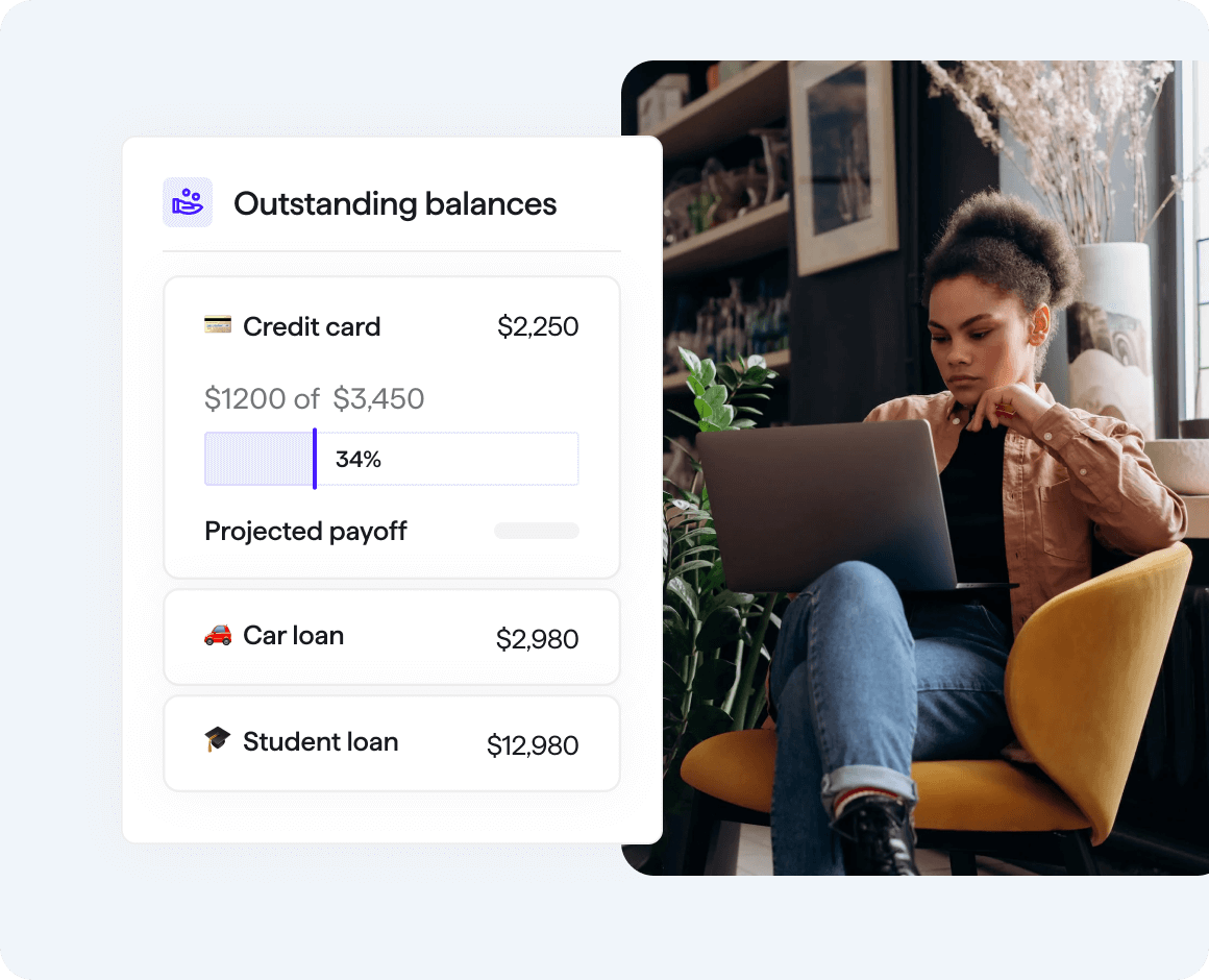 Woman sitting in a chair using laptop, with Quicken Simplifi software outstanding balances feature user interface overlayed to the side