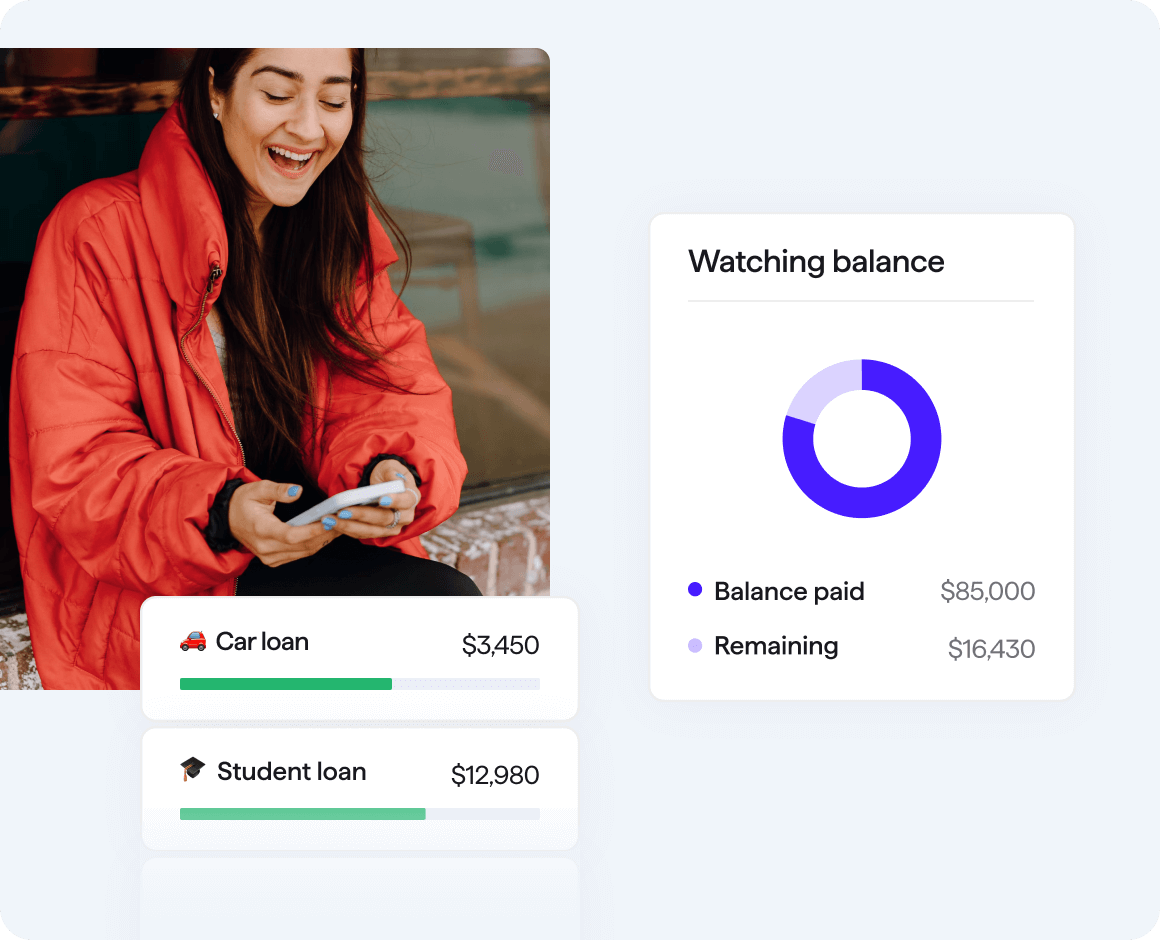 A woman smiling by watching her mobile along with a graph of expenses like balance paid and the remaining amount.