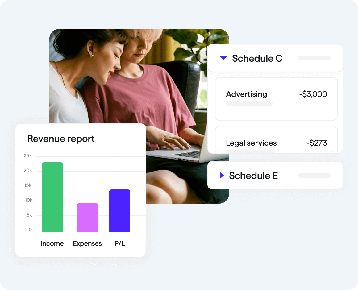 Two women looking at laptop together with Quicken software user interface screens for revenue report and schedule c features overlayed to the sides.