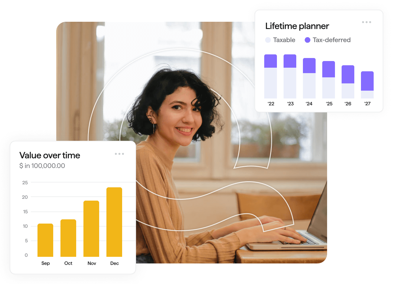 Lady smiling with laptop and Quicken software user interface screens overlayed to the sides showing a Lifetime planner chart, and a Value over time chart.