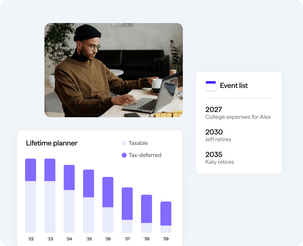 man working on laptop with Quicken Simplifi user interface screens overlayed on the sides for Lifetime planner income chart and Event list features