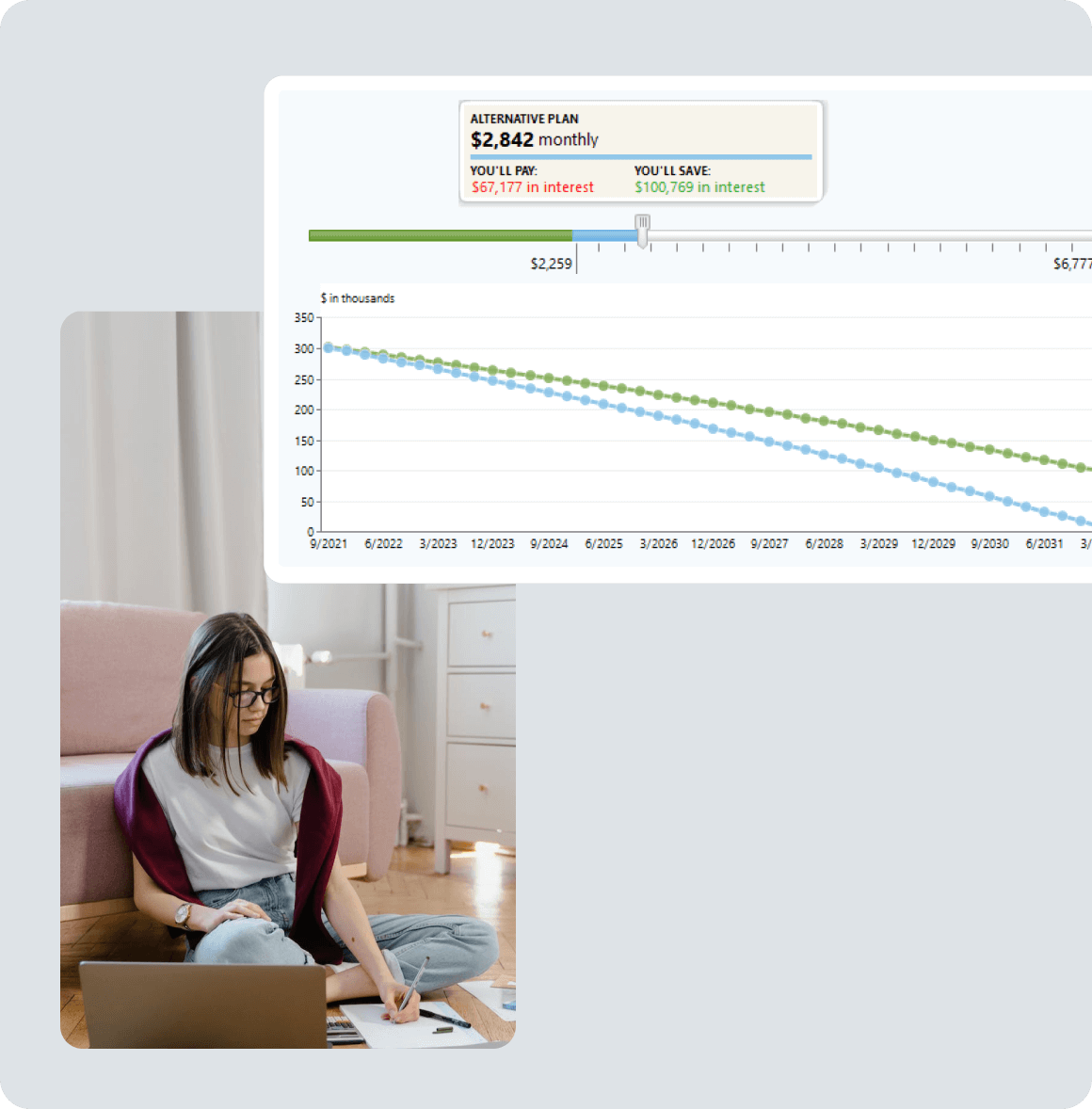 A woman wearing a white tee is writing notes on a sheet of paper for the debt calculations while the laptop is open.