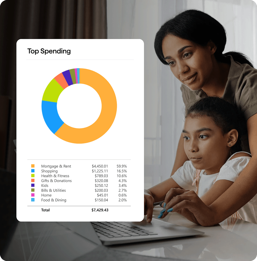 A woman guiding her daughter on the laptop for top spendings.