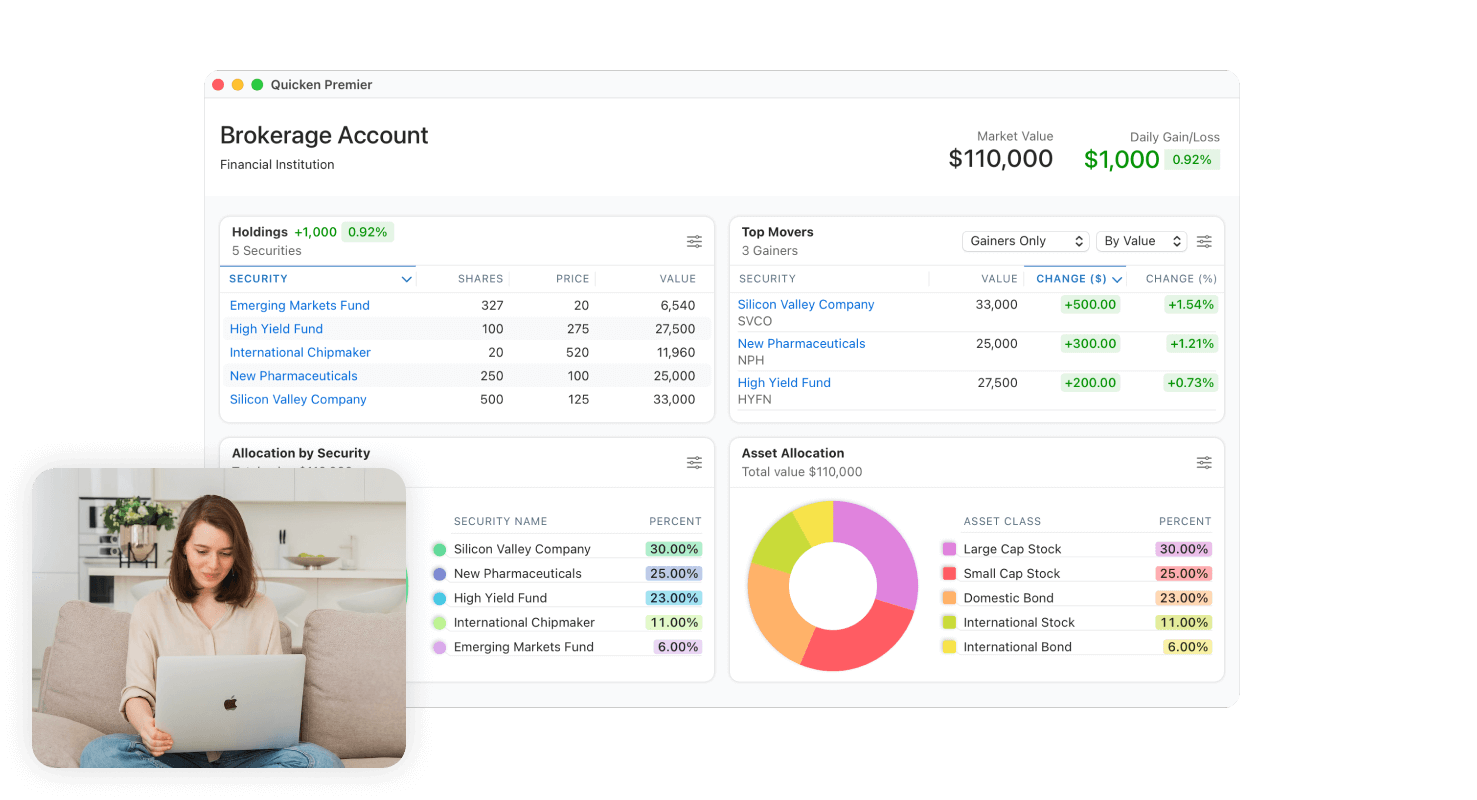 Woman working with MAC and checking brokerage accounts with holdings, top movers, security and asset allocation.