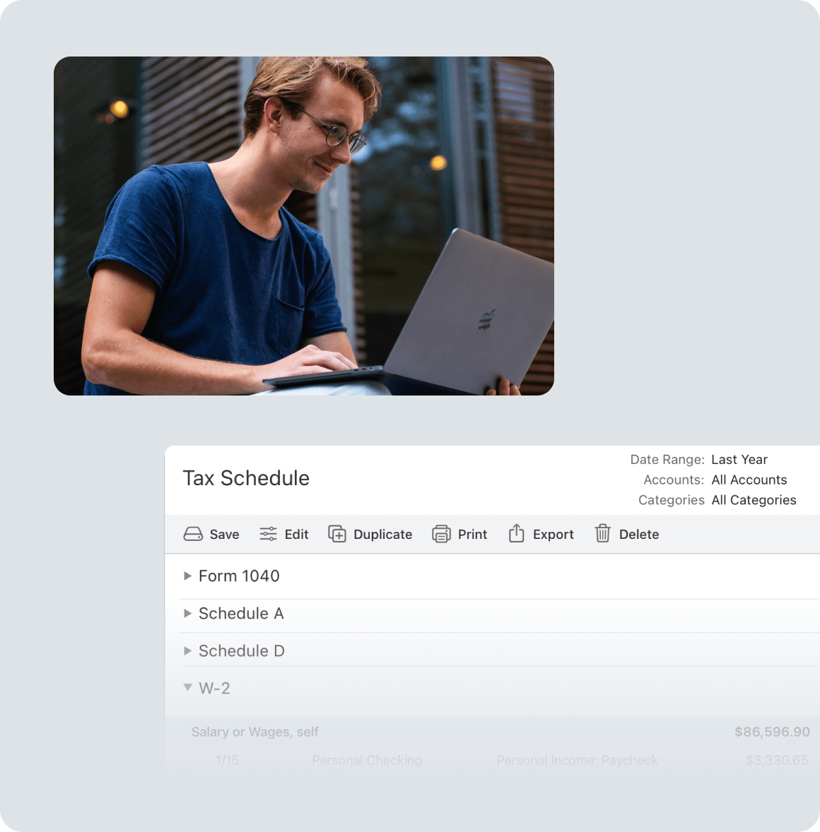 A man wearing a blue t-shirt and spectacles is smiling while watching his laptop that displays the tax schedule.