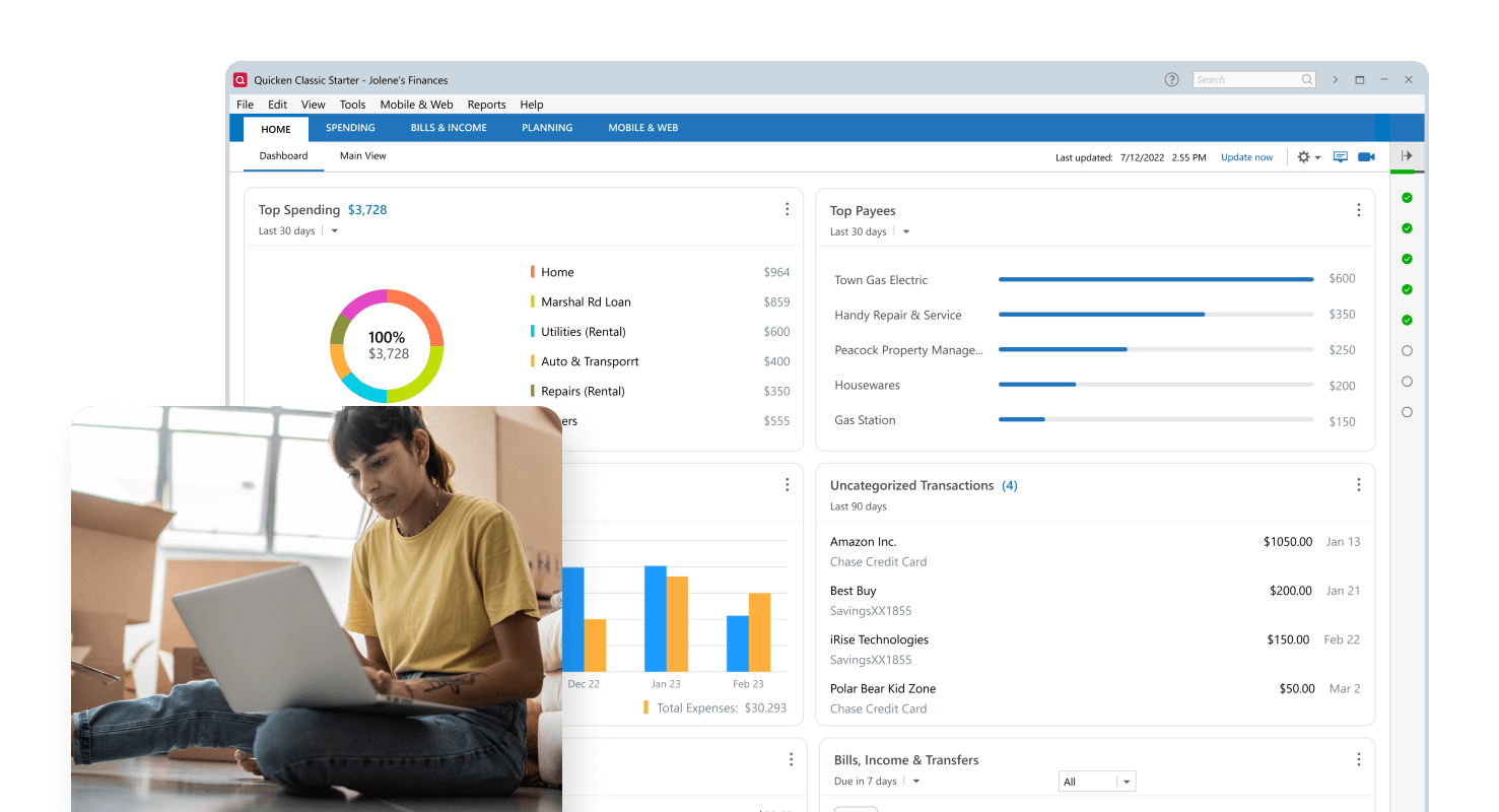 Woman using laptop overlayed on a Starter dashboard user interface screen