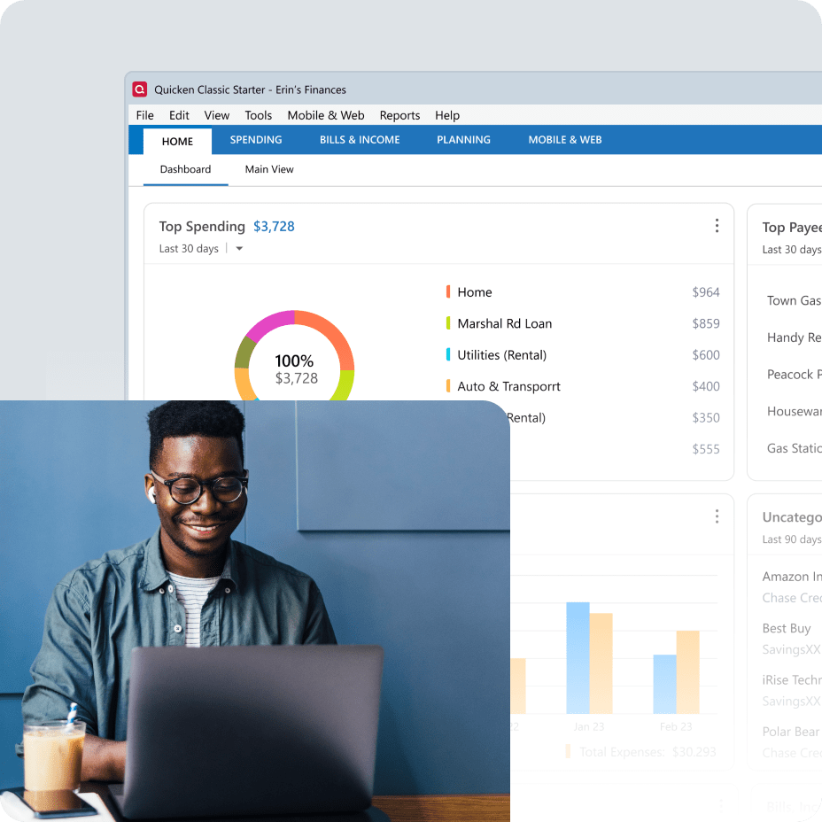 Smiling man using laptop overlayed on Classic Starter dashboard user interface screen