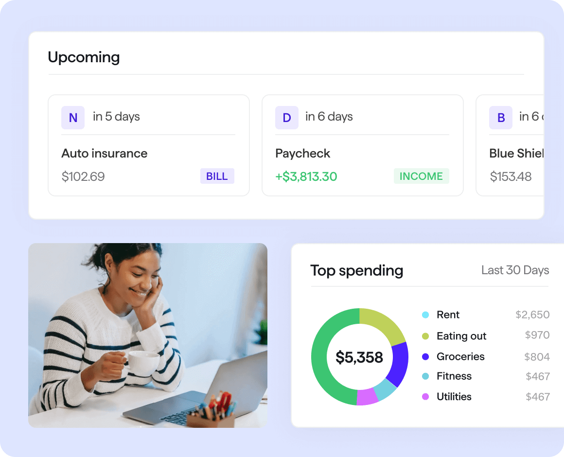 Woman smiling while looking at laptop and Quicken user interface screens for upcoming bill notifications and spending categories pie chart are overlayed to the sides