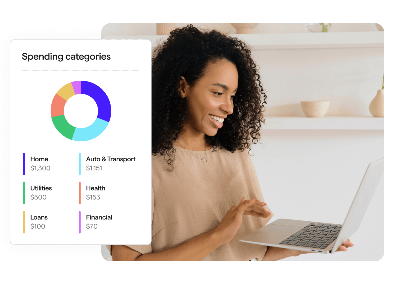 A woman is smiling and watching the laptop while holding it in her hand, along with the spending categories graph.