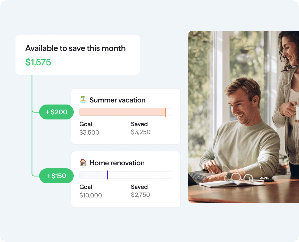 A couple looking at laptop together with income, expenses, and available to save tracking graph user interface overlayed to the side.